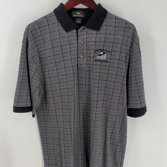 Vtg Y2K Antigua Check Monterey Police Invitational Cotton Golf Polo Gray Black M - Picture 2 of 9